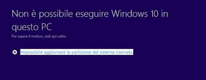 Windows 10, soluzione all’errore “Impossibile aggiornare la partizione del sistema riservata”