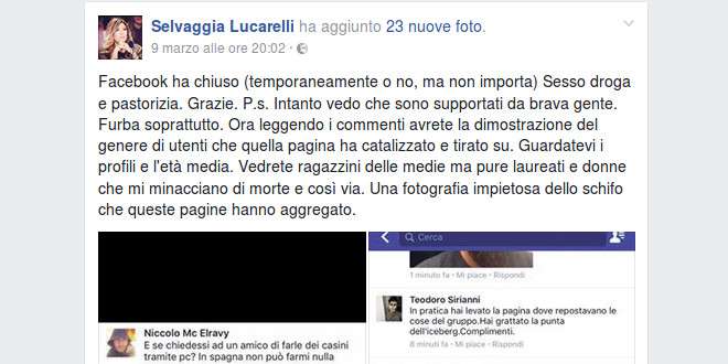 Facebook chiude la pagina “Sesso Droga e Pastorizia”, guerra social con Selvaggia Lucarelli