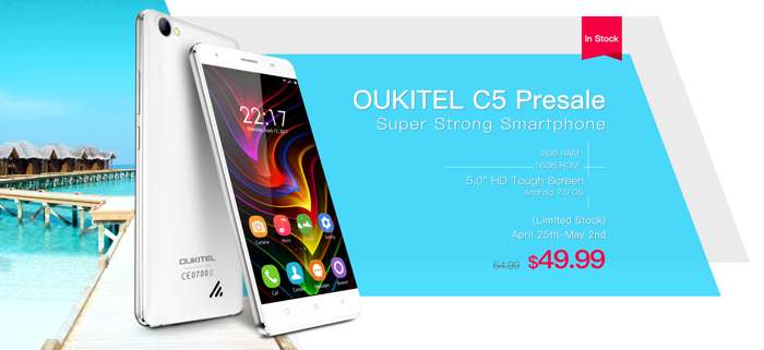 OUKITEL C5, da domani 25 aprile inizio delle prevendita a soli 49,99 dollari per il dispositivo con Android 7.0