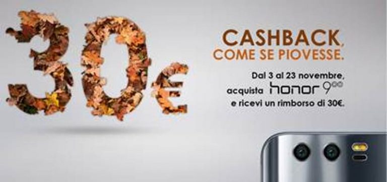 Anche a novembre Honor 9 con sconto di 30€ con la Promo Cashback