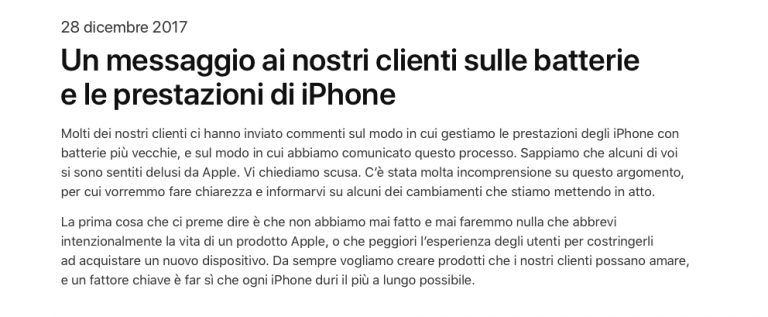 Apple si scusa per il caso batterie anche sul sito italiano