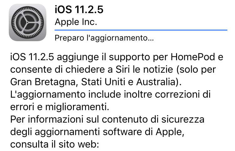 Apple rilascia ufficialmente iOS 11.2.5