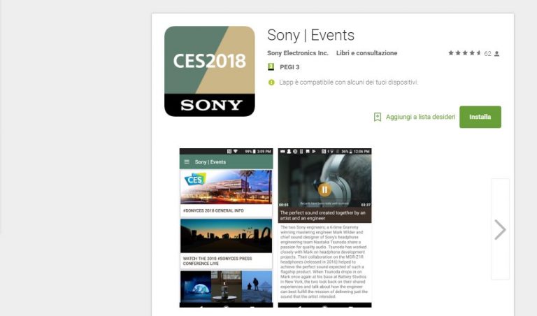 Sony Events disponibile su Play Store per seguire CES 2018